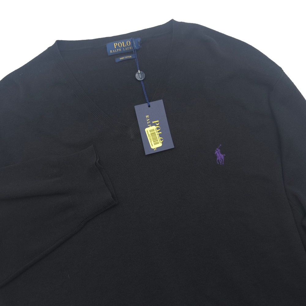 Polo Ralph Lauren Mens XXL Black Pima Cotton V-Neck Sweater Purple Pony NWT
